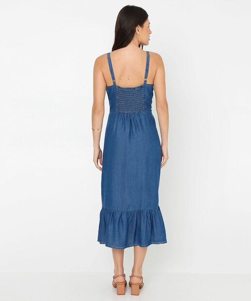 Vestido Feminino Midi Jeans Babado Botões Marisa Azul