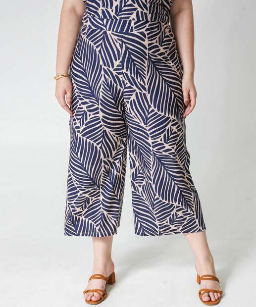 Calça Plus Size Feminina Pantacourt Folhas Marisa Azul