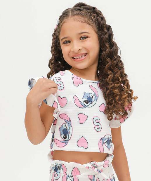 Blusa Infantil Babado Estampa Stitch Disney Tam 4 a 10