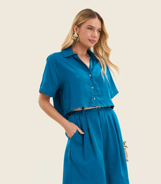 Camisa Feminina Manga Curta Com Gola Endless Azul