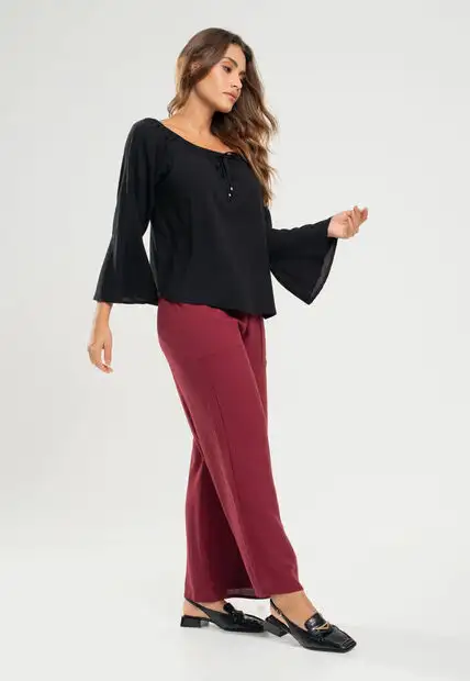 Calça Pantalona Com Bolso Viscolinho Vinho Salvatore Fashion