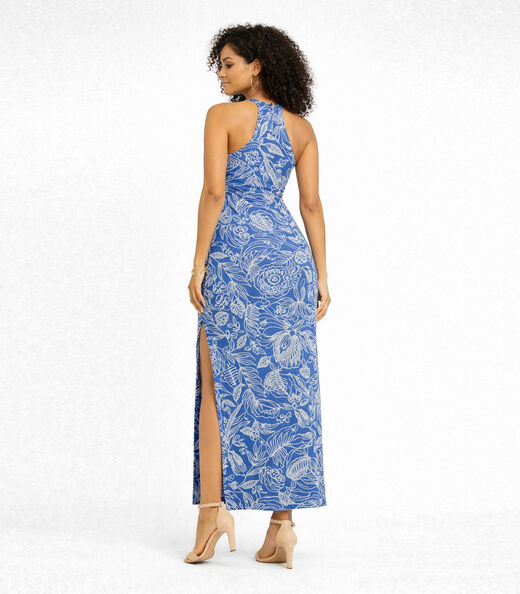 Vestido Longo Estampado Sem Manga Infinita Cor Azul