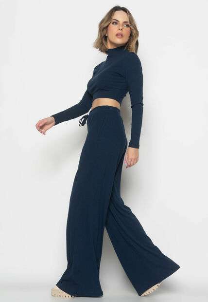 Conjunto Comfy Cropped Manga Longa e Calça Wide Leg Canelado  Marinho Salvatore