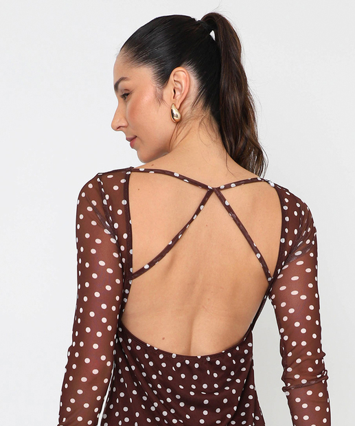 Vestido Feminino Midi Tule Estampa Poá Marisa Marrom