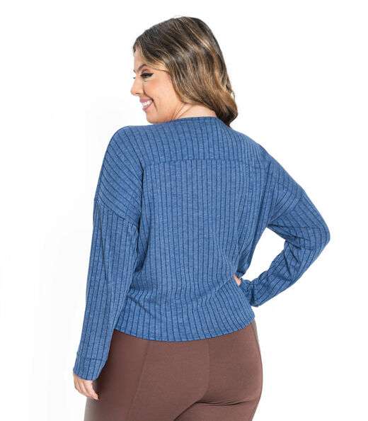 Camisa Feminina Canelada Com Nó Secret Glam Azul