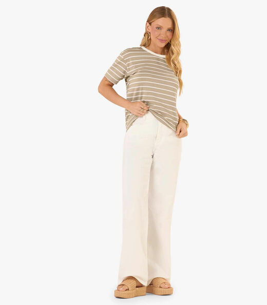 T-Shirt Feminina Básica Listrada Em Cotton Rovitex Bege