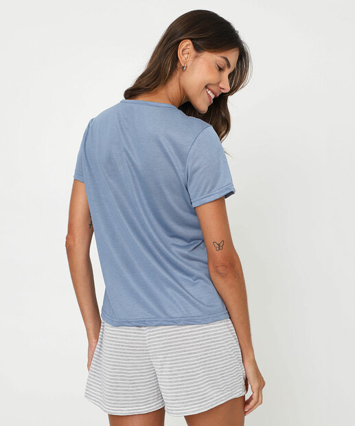 Pijama Feminino Frase Frontal Manga Curta Marisa Azul