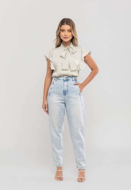 Blusa Feminina Com Laço na Gola e Manga Babado Marfim Salvatore