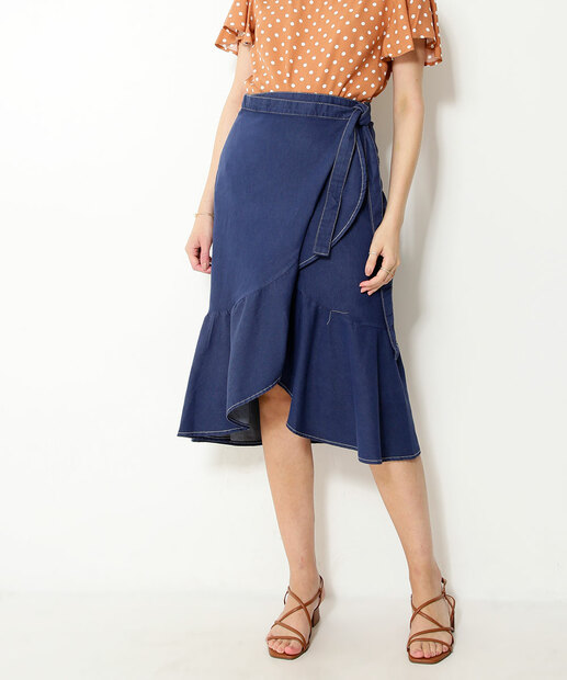 Saia Jeans Midi Feminina Transpassada Marisa