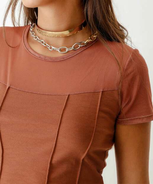 Blusa Feminina Pala Manga Tule Marisa Marrom