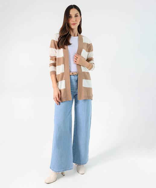 Cardigan Feminino Tricô Listrado Alongado Marisa Marrom