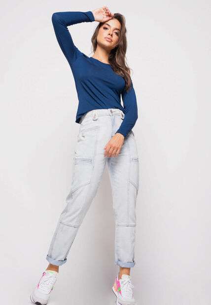 Blusa  Básica Manga Longa e Gola Redonda Malha Azul