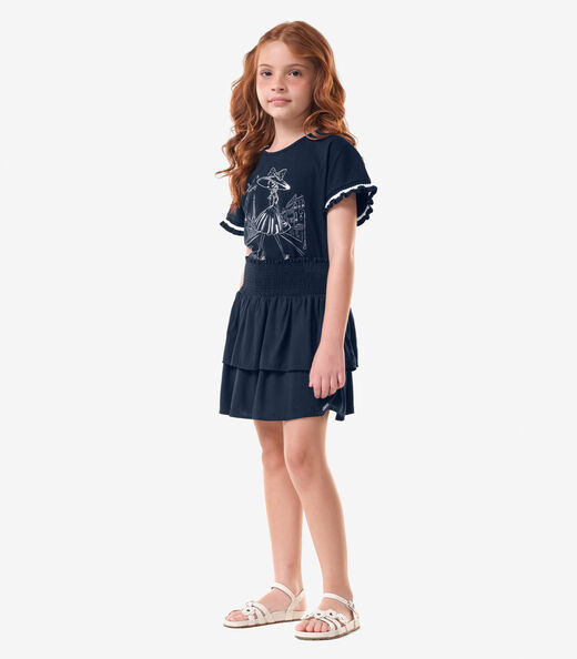 Saia Infantil Viscose Slub Babados Trick Nick Azul