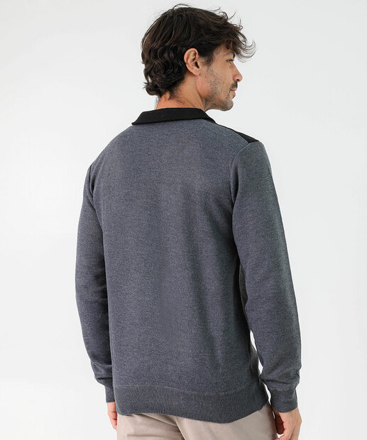 Suéter Masculino Tricô Half Zíper Recortes MR Preto