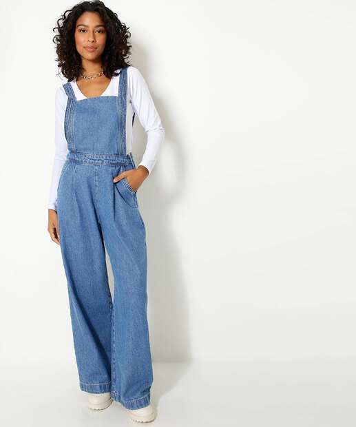 Macacão Feminino Jeans Bolsos Marisa  
