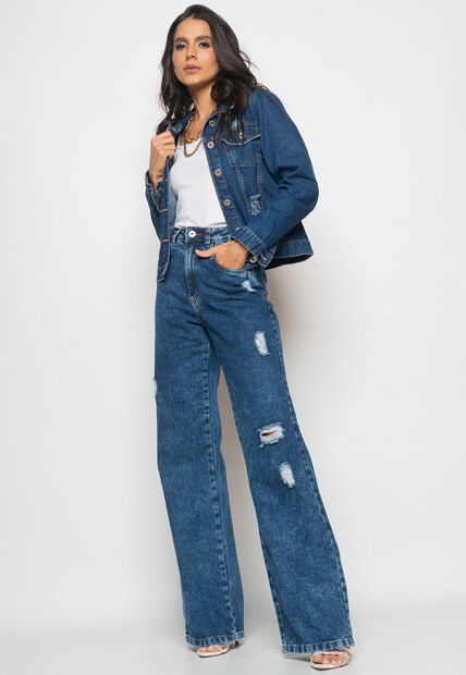 Jaqueta Jeans Escura Com Rasgos Salvatore Fashion