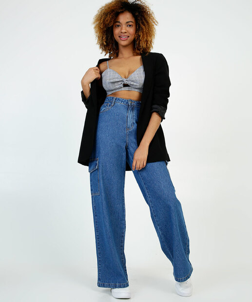 Blusa Cropped Feminina Xadrez Vazada Alças Finas