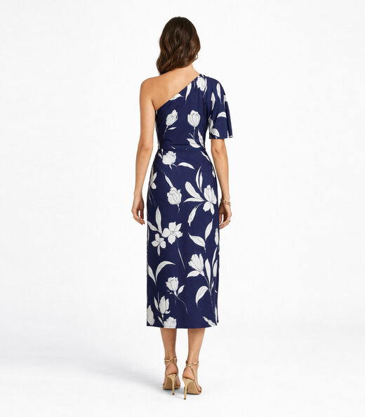 Vestido Midi Feminino Manga Única Donna Azul