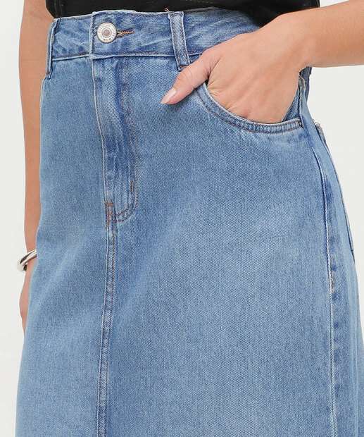 Saia Longa Jeans Feminina Fenda Frontal