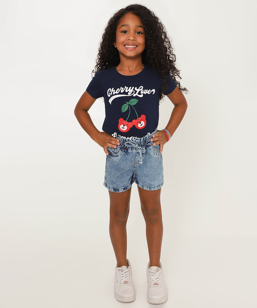 Blusa Infantil Manga Curta Cereja e Urso Marisa Tam 4 a 10 Azul