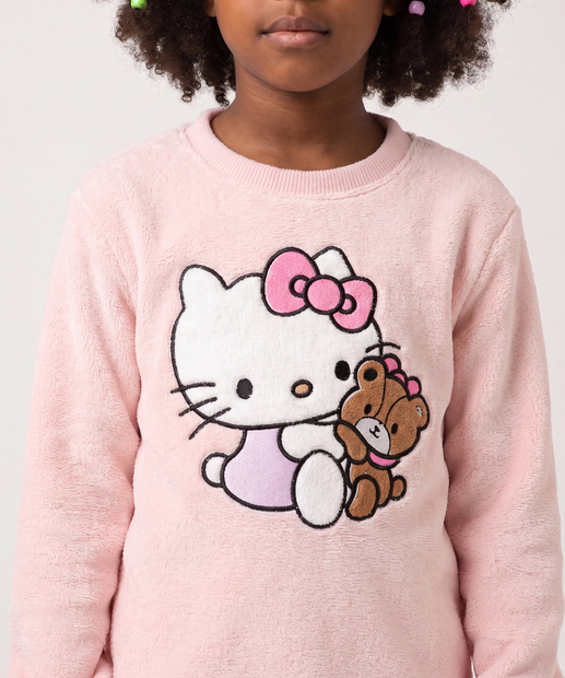 Pijama Infantil Bordado Hello Kitty Manga Longa Tam 04 ao 12 Rosa