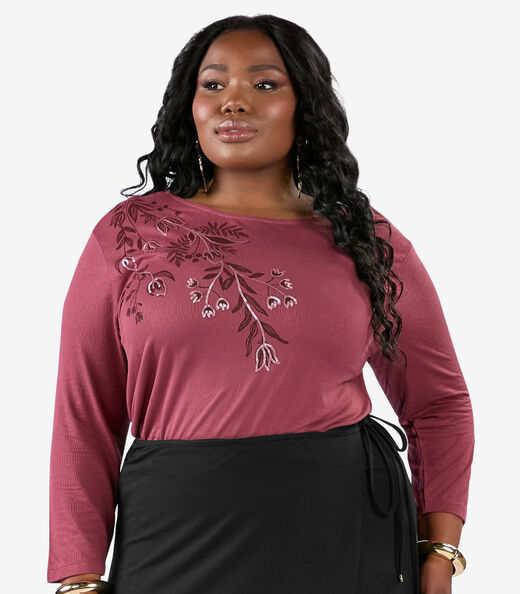 Busa De Manga Longa Bordado Plus Size Secret Glam Vermelho