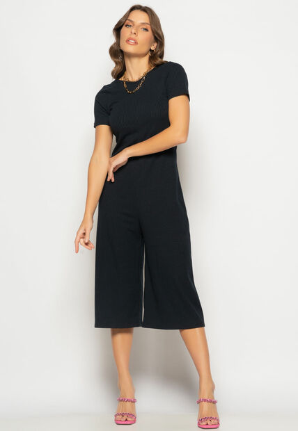 Macacão Pantacourt Manga Curta Costas Em V Canelado Preto Salvatore