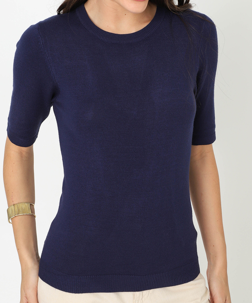 Blusa Feminina Tricô Manga Curta Marisa Azul