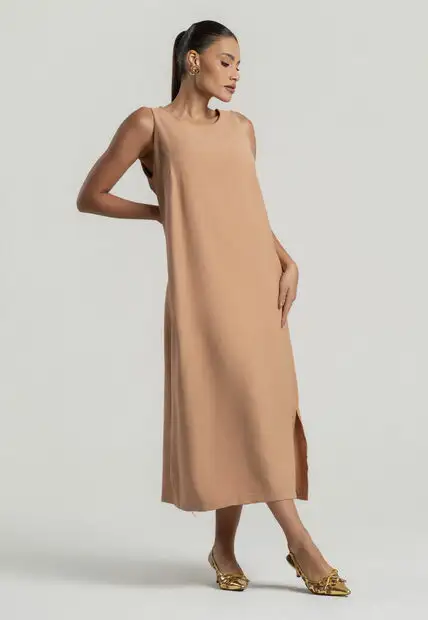Vestido Midi Alfaiataria Marrant Regata Com Fendas e Bolsos Bege Salvatore