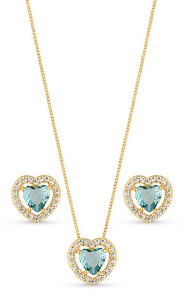 Image_Conjunto Semijoia Colar E Brinco Coração Azul E Micro Zircônias Banhado A Ouro 1