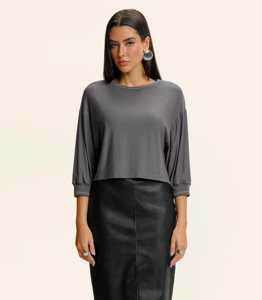 Image_Blusa Feminina Ampla Manga 3/4 Viscose Endless Cinza