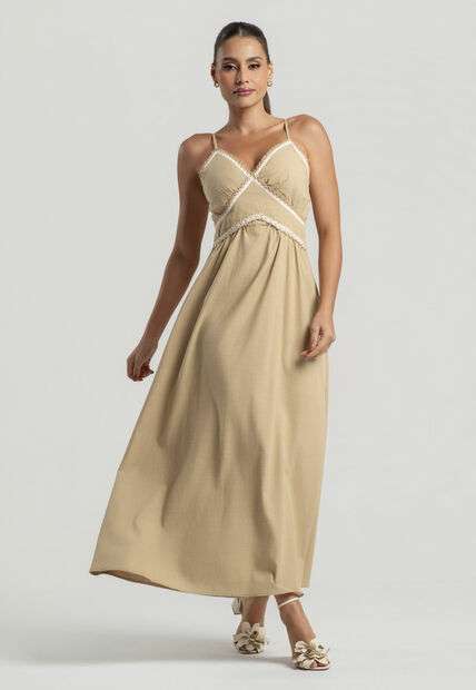 Image_Vestido Longo Alfaiataria Alças Finas e Renda Bege Salvatore