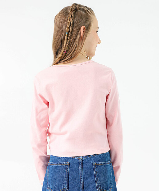 Blusa Juvenil Cropped Estampada Manga Longa Marisa Tam 10 a 16 Rosa