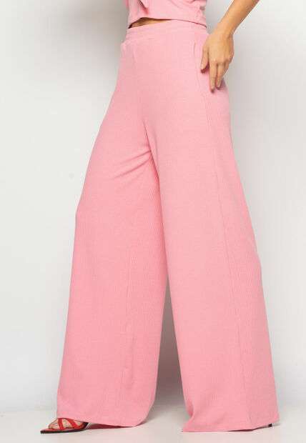 Conjunto Cropped Laço e Wide Leg Canelado Rosa Salvatore