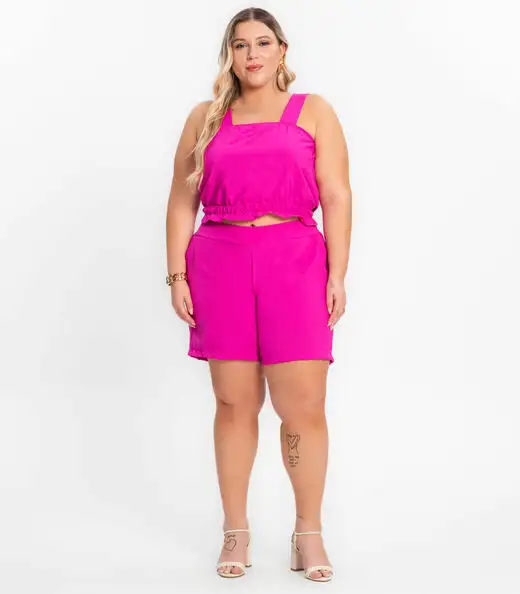 Shorts Feminino Plus Size Crepe Light Secret Glam Rosa
