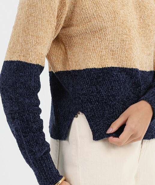 Suéter Feminino Chenille Tricolor Marisa Bege