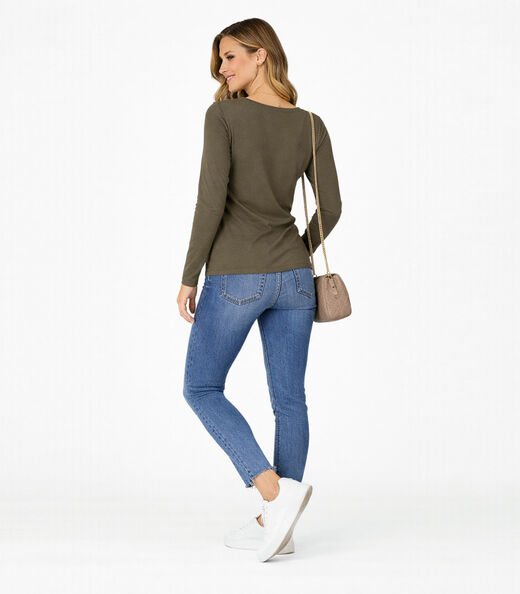 Blusa Manga Longa Decote V Básica Select Verde