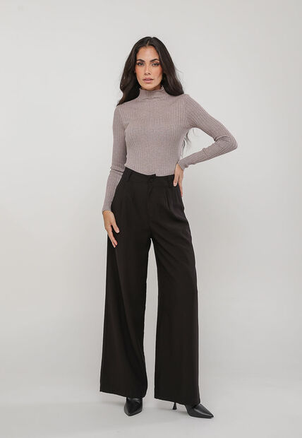 Blusa de Tricot Canelado Gola Alta Bege Salvatore