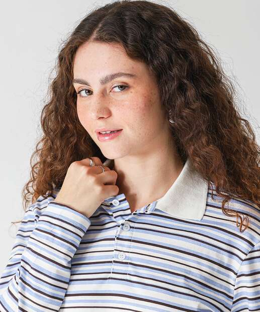 Blusa Polo Feminino Listrado Manga Longa Marisa Off White