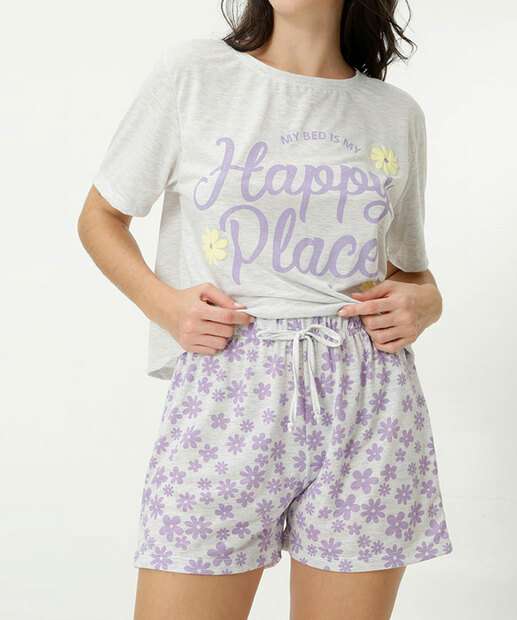 Pijama Feminino Flores E Frase Manga Curta Marisa