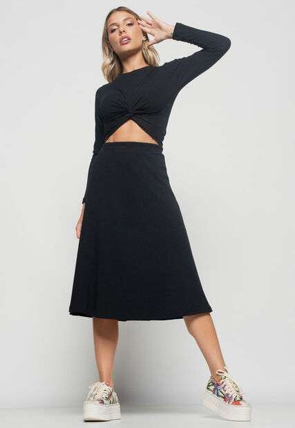 Cropped  Nó Manga Longa Canelada Preto Salvatore Fashion