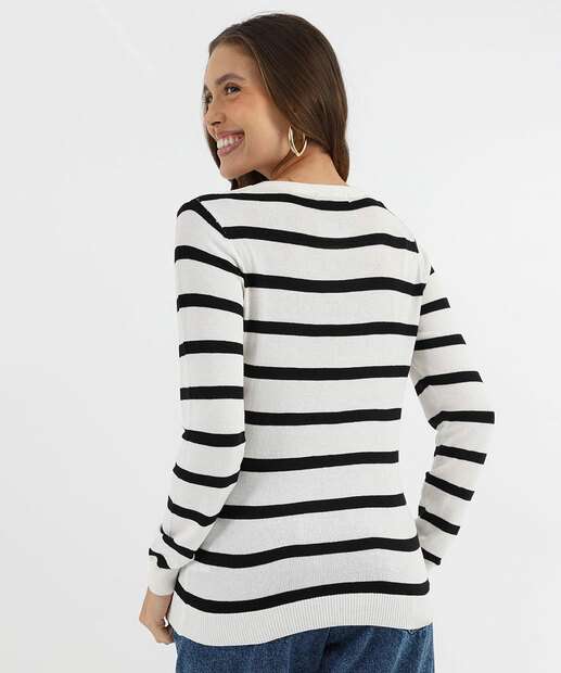 Suéter Feminino Listrado Gola V Marisa Branco