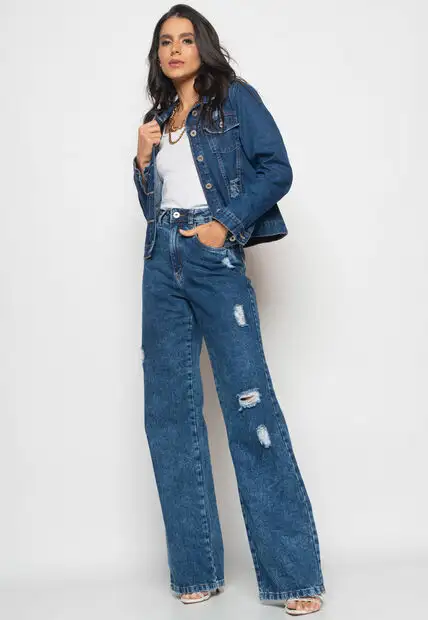 Jaqueta Jeans Escura Com Rasgos Salvatore Fashion