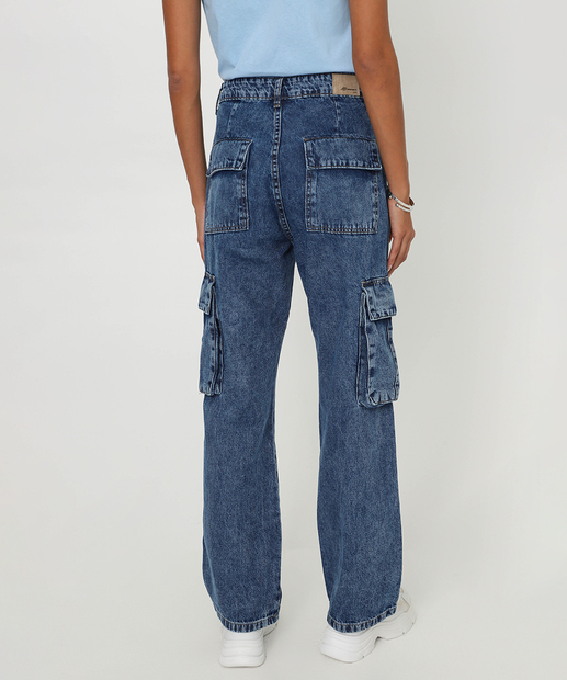 Calça Feminina Jeans Reta Cargo Sawary Azul