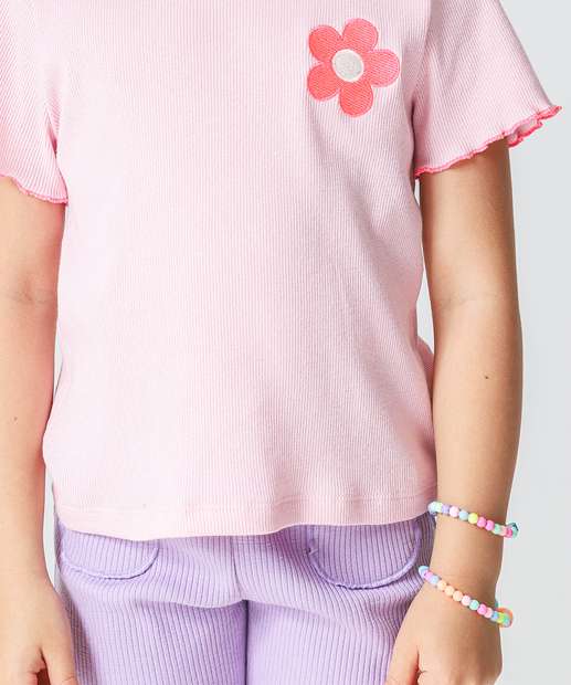 Blusa Infantil Canelada Bordado Marisa Tam 4 a 10 Rosa