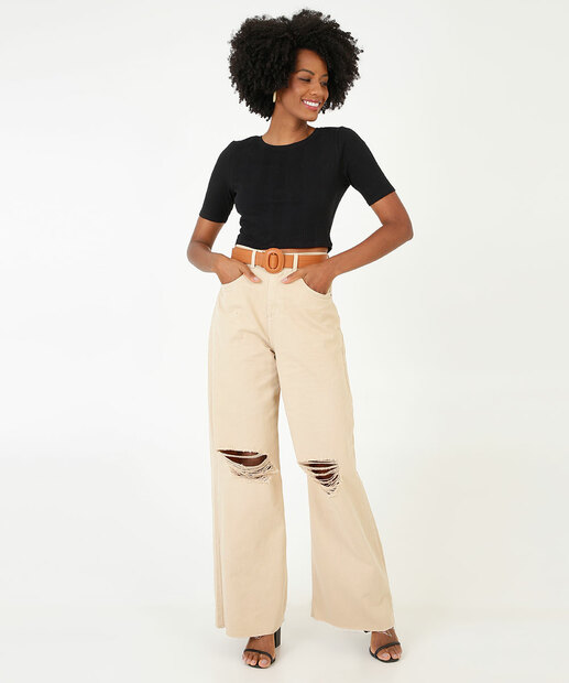 Blusa Cropped Feminina Canelada Manga Curta Marisa