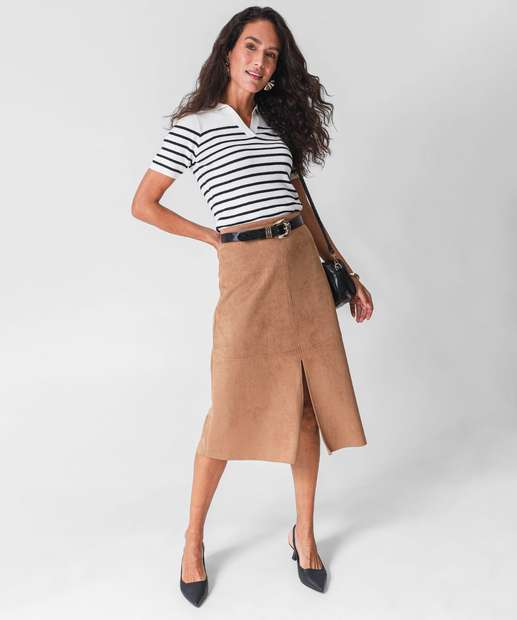 Blusa Polo Feminina Listrada Manga Curta Marisa Off White