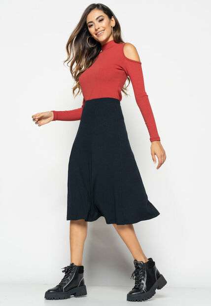 Blusa  Ombro Vazado Manga Longa Canelada Terracota