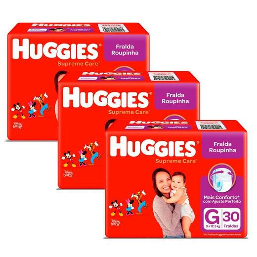 Image_Kit 3 Fraldas Huggies Roupinha Supreme Care Mega G 30 Unidades cada