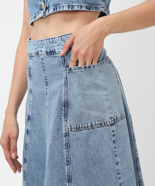 Saia Midi Jeans Evasê Feminina Bolsos Marisa Azul